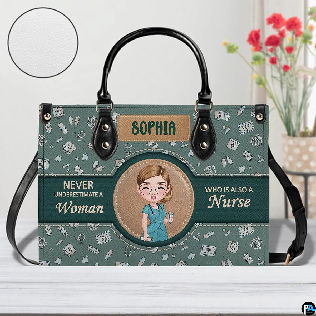 Complete matching handbag and wallet set in sage green nurse arrangement