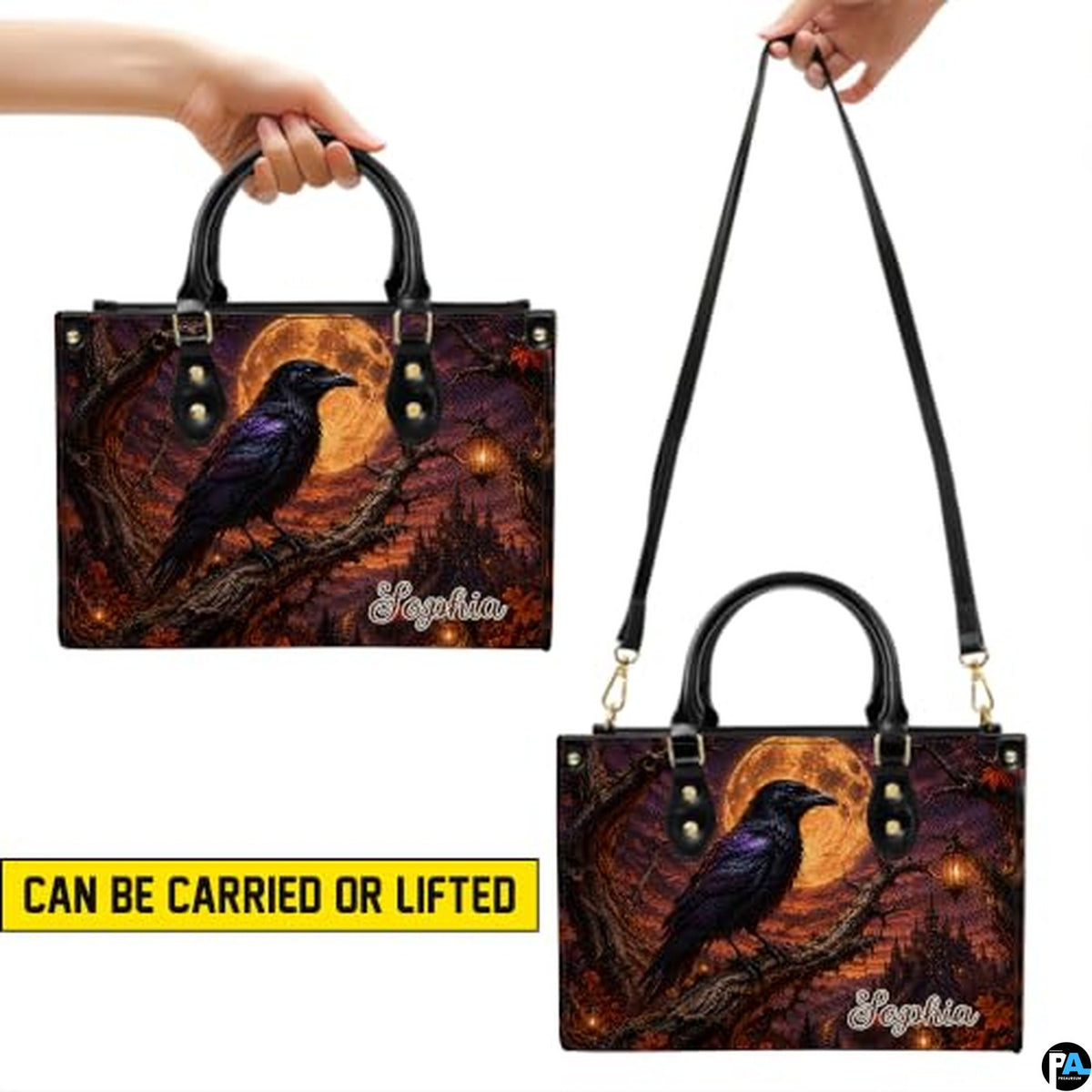 Personalized Halloween Gothic Leather Handbag Custom Raven Black Cat Purse Dark Fantasy Shoulder Bag Gift for Women