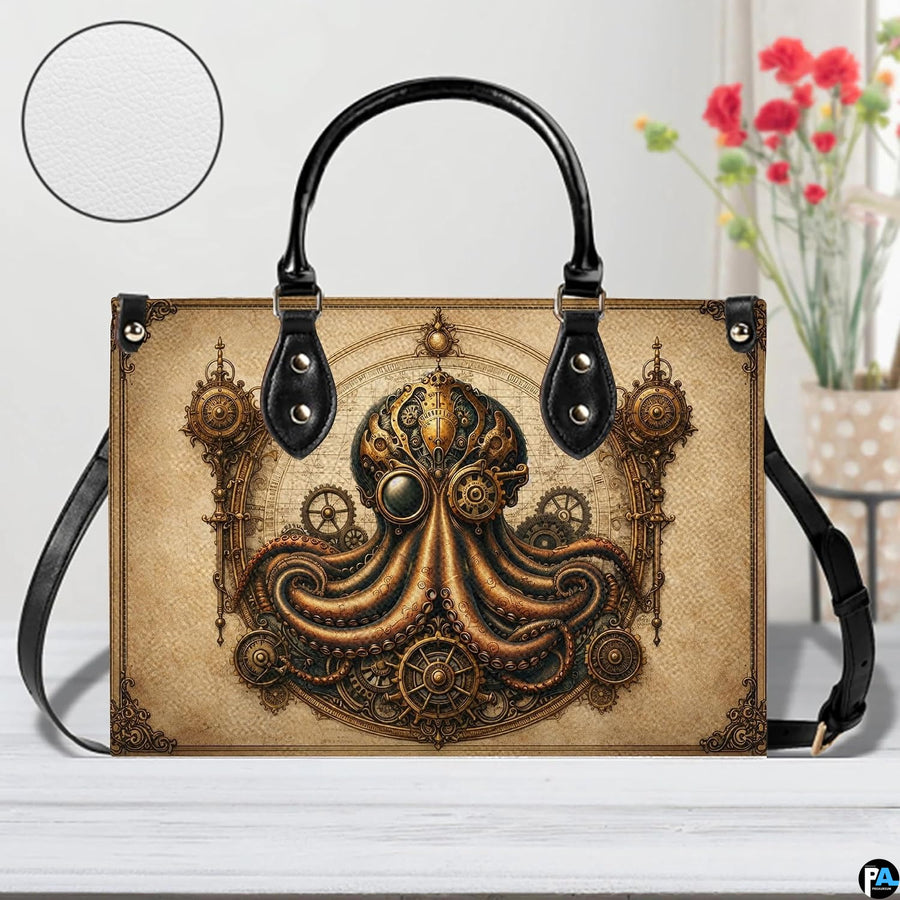 Matching steampunk octopus wallet detailing kraken tentacles, gears, and map