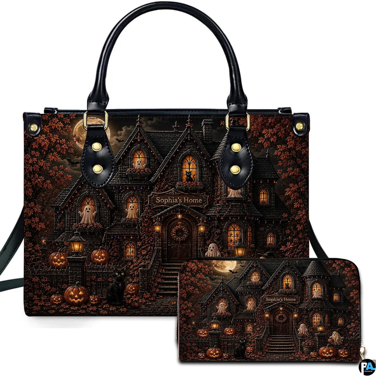 Haunted house artwork accessory held outdoors showcasing illuminated gothic manor, smiling ghosts, and pumpkins.