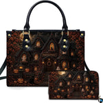 Haunted house artwork accessory held outdoors showcasing illuminated gothic manor, smiling ghosts, and pumpkins.