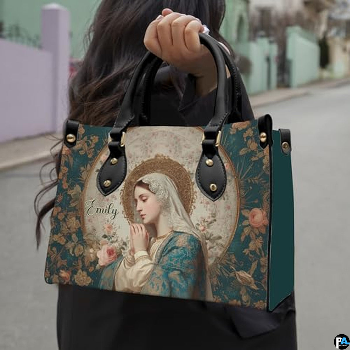Custom Catholic Virgin Mary Leather Bag, Personalized Name Handbags and Purses for Christian Women Religious Bag Gifts