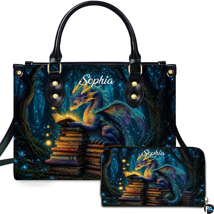 Enchanted forest reading dragon handbag and wallet set displayed against a white studio background