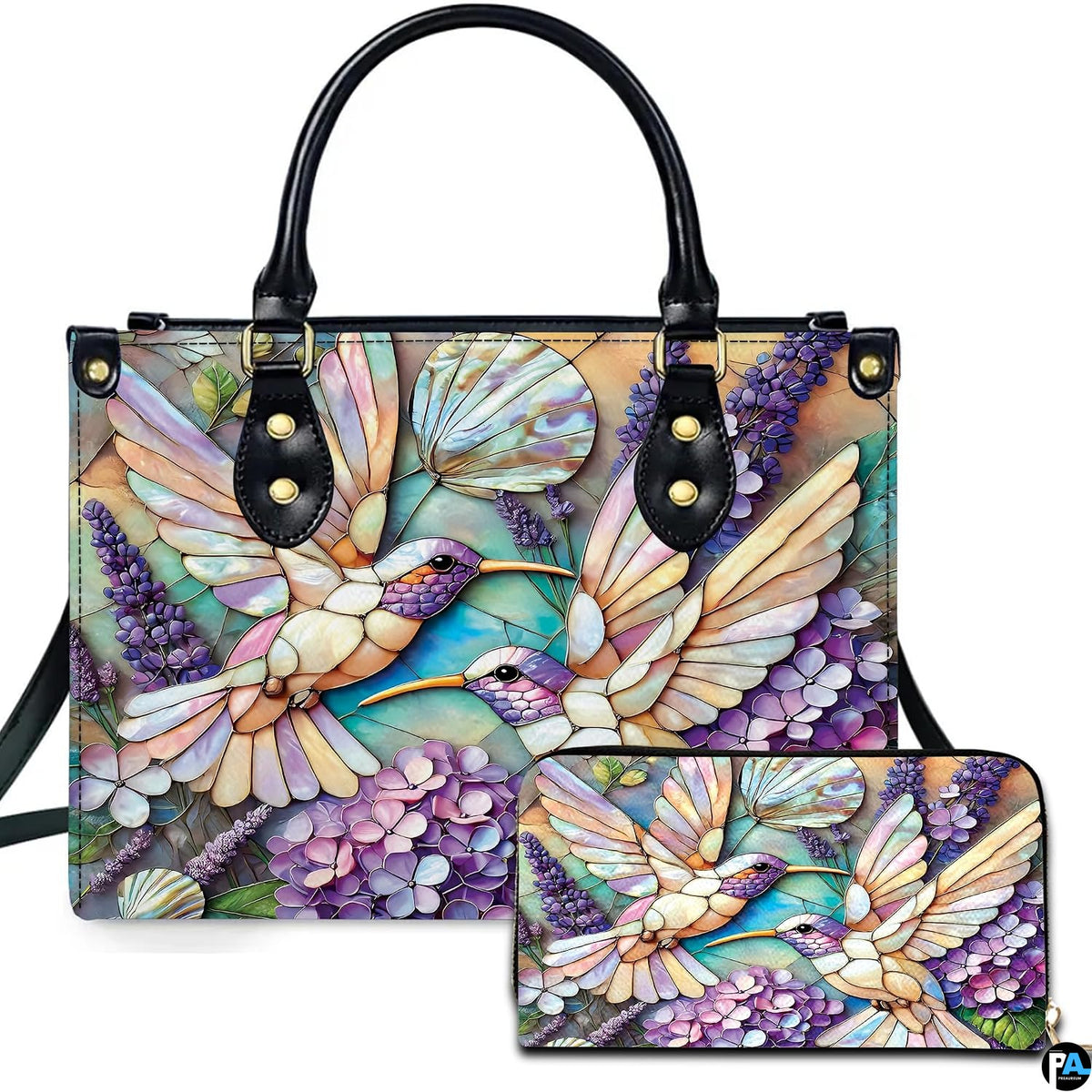 Front view of mosaic hummingbird handbag and matching wallet featuring purple hydrangeas and lavender flora.
