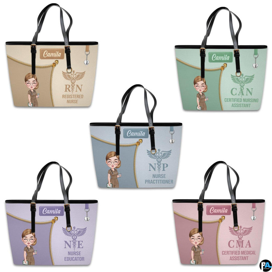 Five color variations of the Beige Clinician Tote Handbag showcasing different pastel shades.
