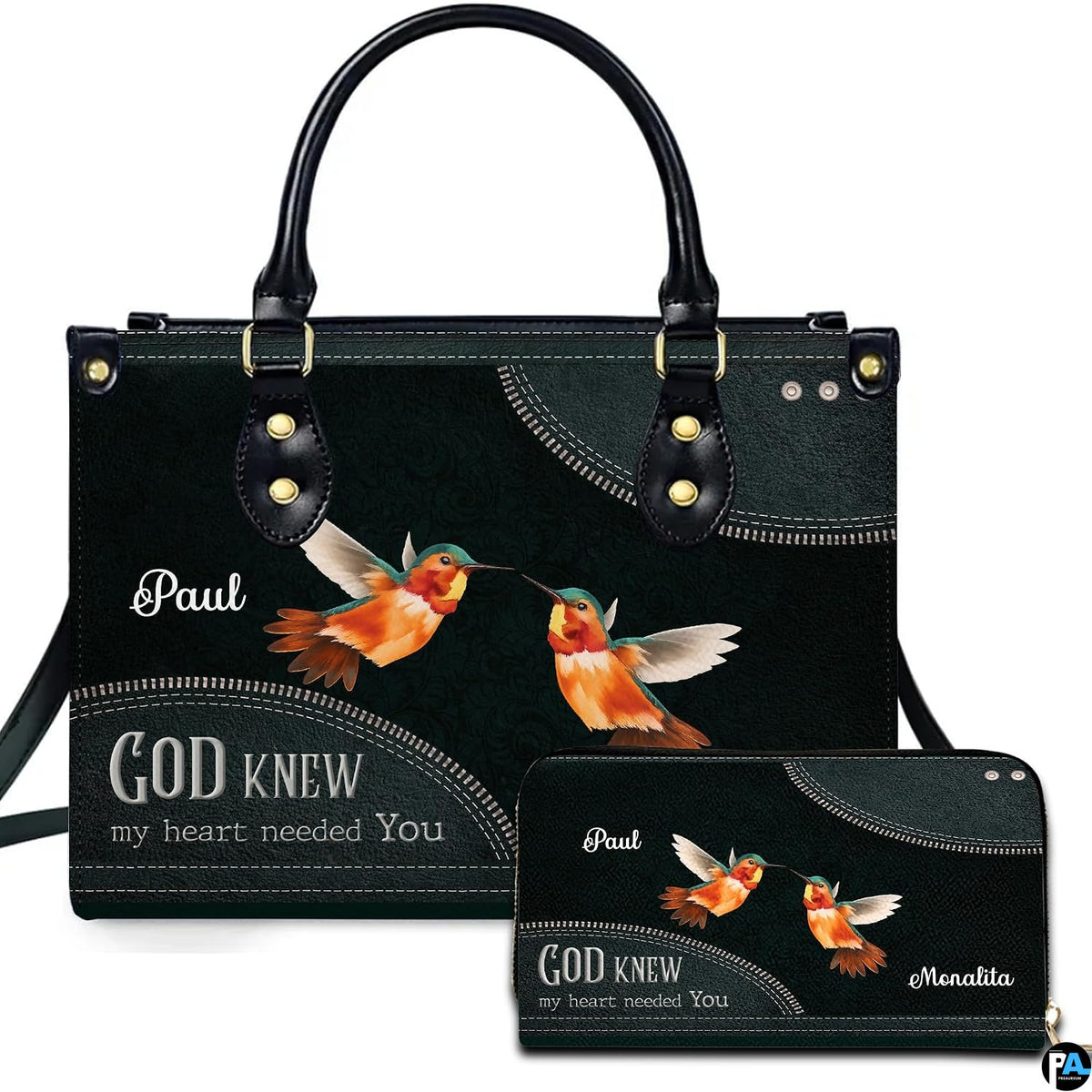 Front view of hummingbird couple handbag and matching zip wallet on solid white background