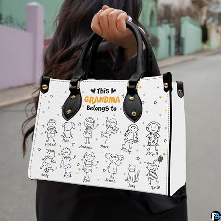 Mothers Day Gift Leather Bag- Personalized Grandmas Purse With Grandkids Names, Grandma Handbag Birthday Gifts For Mom Women