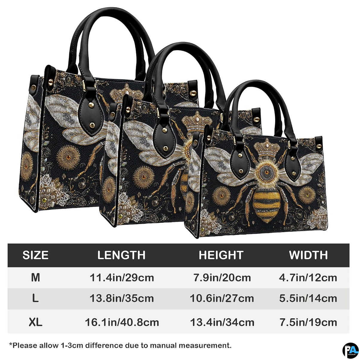 Interior compartment view of bee handbag showing inner lining and organization.