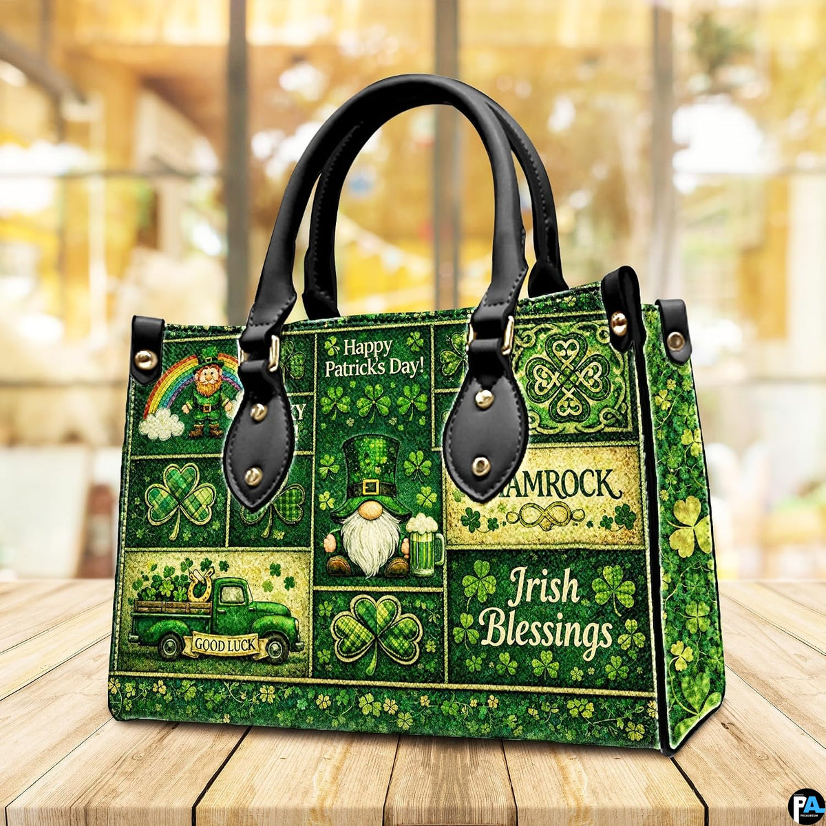 Angled green patchwork handbag with clovers and bearded gnome