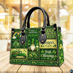 Angled green patchwork handbag with clovers and bearded gnome
