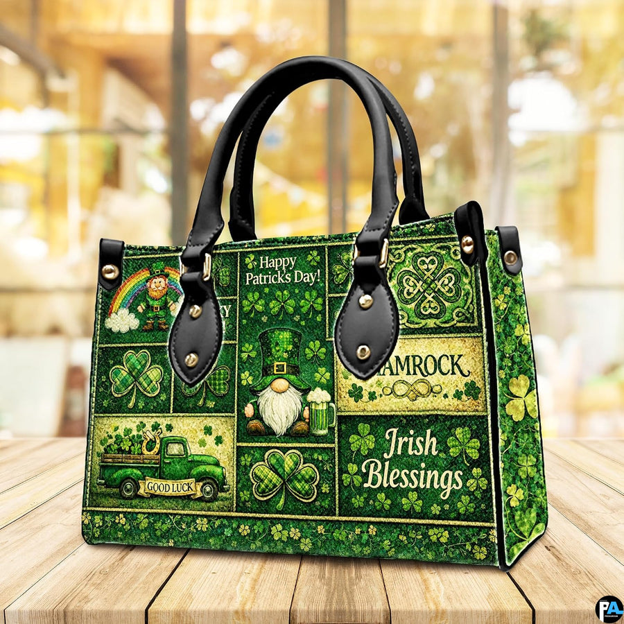 Angled green patchwork handbag with clovers and bearded gnome