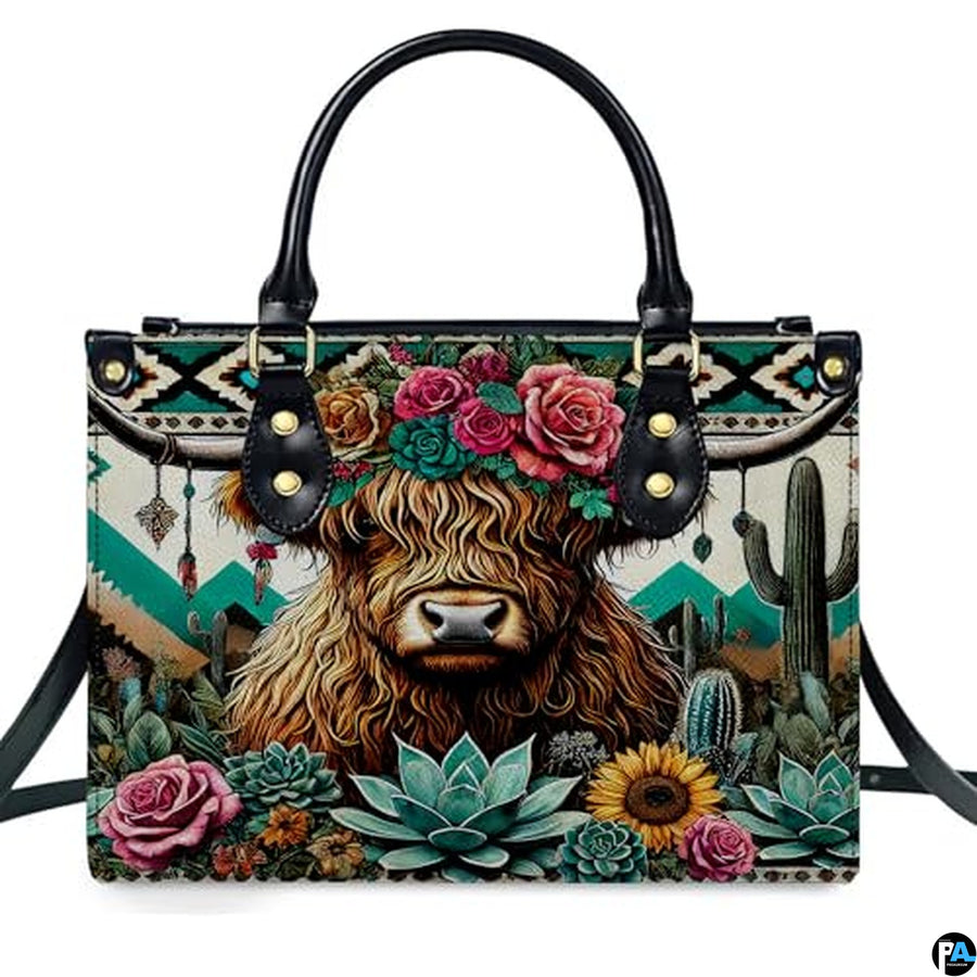 Highland Cow Leather Handbag Custom Cow Purse for Women Country Farm PU Leather Tote Gifts for Farmers Girls Mom Gift