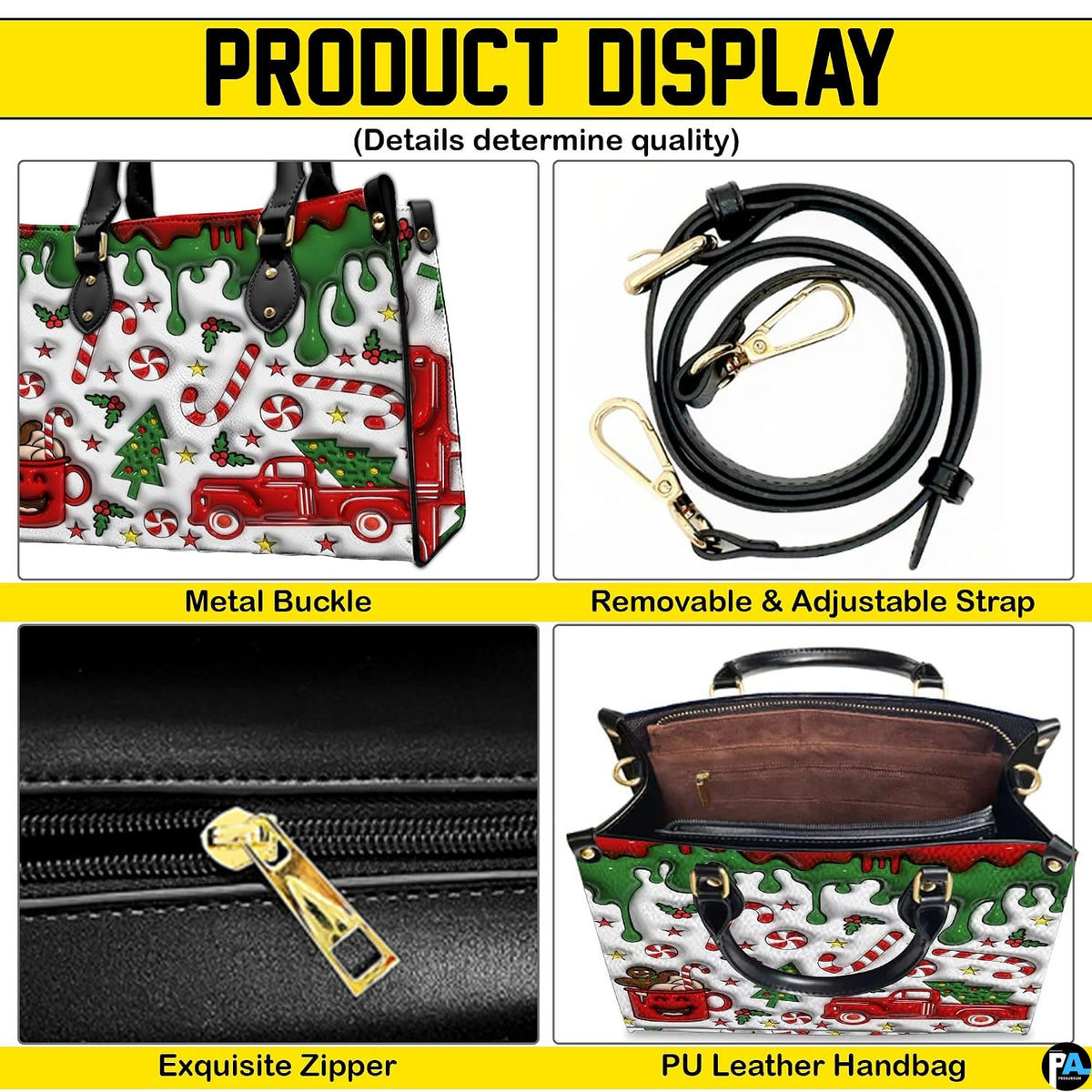 Four-panel layout demonstrating gold hardware accents, detachable shoulder strap, zipper detail, and interior space.