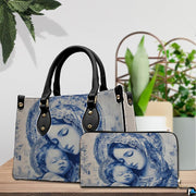 Monochrome blue Madonna handbag and matching wallet styled together on wooden table