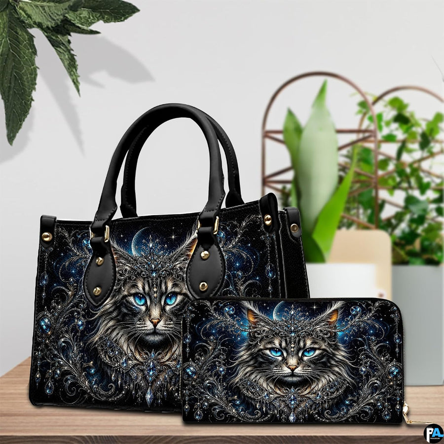 Indoor table view featuring crowned cat artwork and companion accessory beside houseplants.