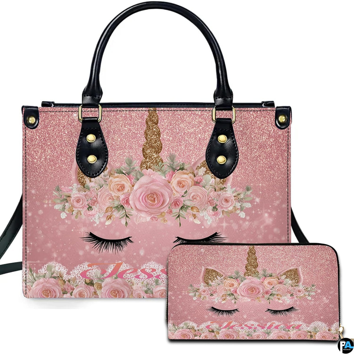 Front view of floral sleeping unicorn handbag and matching wallet set on sparkling pink background.