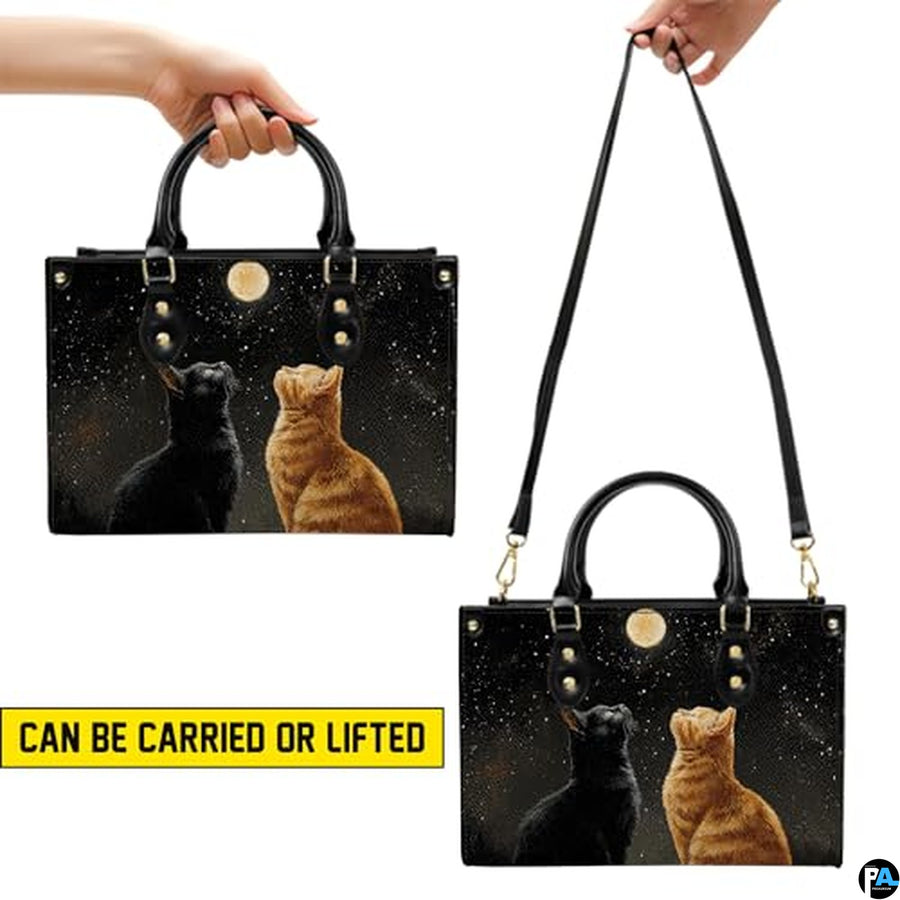 Black Cat Leather Bag – Vintage Cat Art Handbag, Stylish Animal-Themed Purse, Unique Gift for Cat Lovers