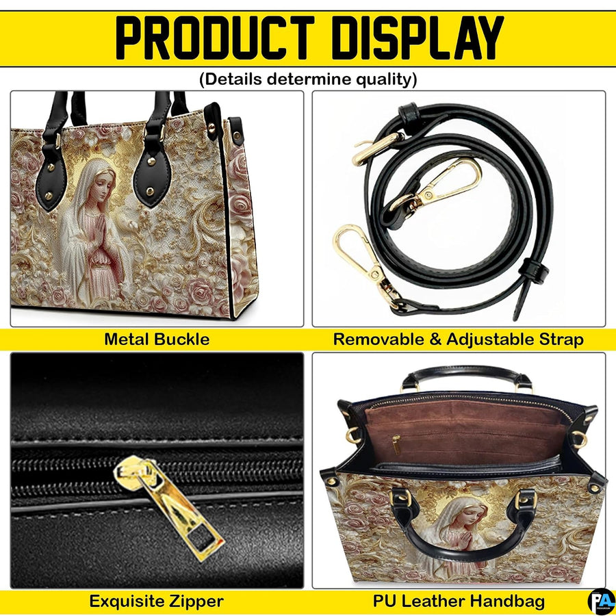 Interior view of handbag showing central zippered divider and organized storage sections.