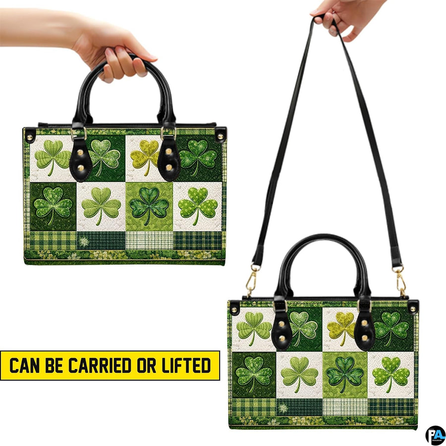 Green clover handbag shown in several carrying presentations