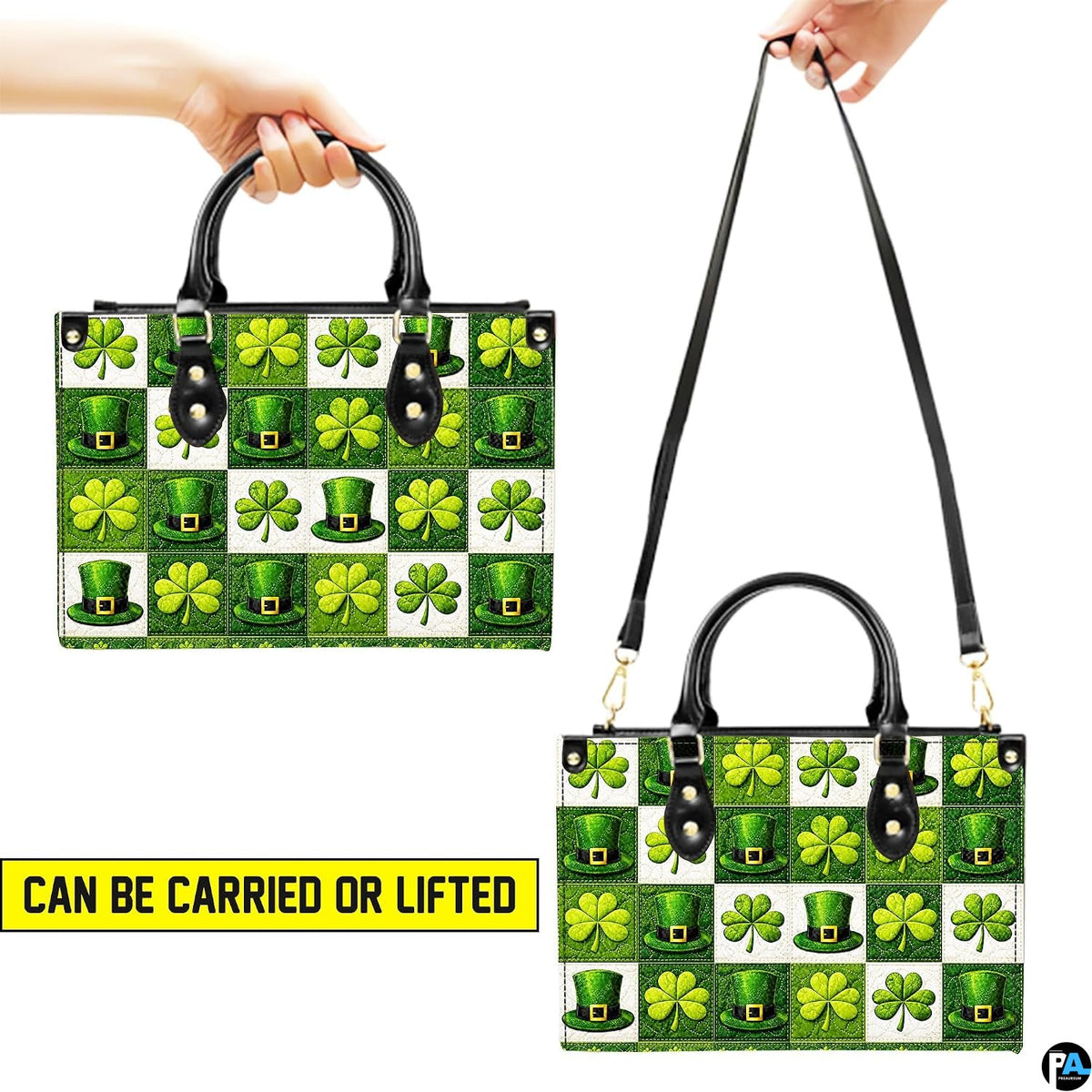 Green clover top hat handbag shown in two carrying presentations