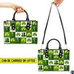 Green clover top hat handbag shown in two carrying presentations