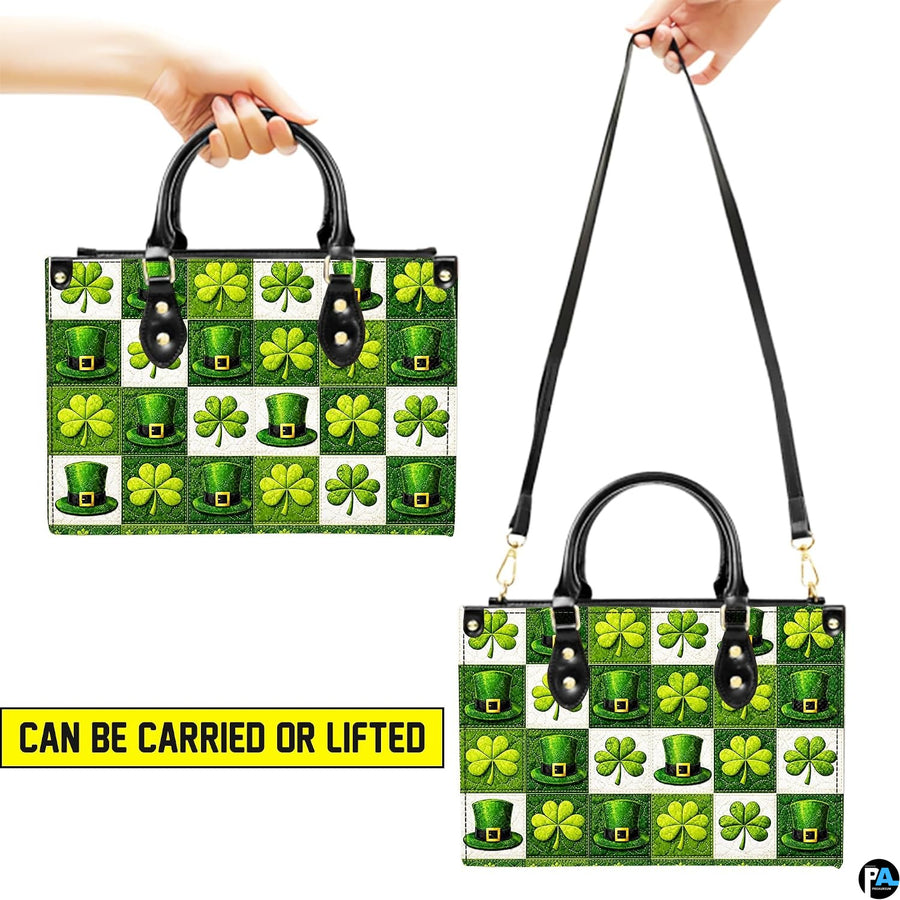 Green clover top hat handbag shown in two carrying presentations