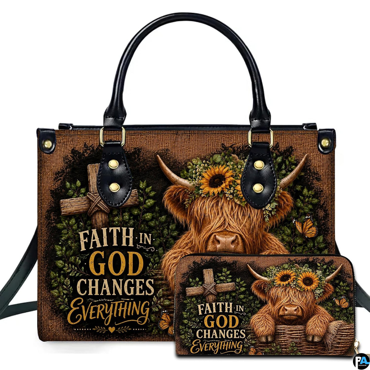 Illustrated Scottish cattle calf resting in basket with floral horn crown beside rustic timber cross and butterflies