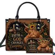 Illustrated Scottish cattle calf resting in basket with floral horn crown beside rustic timber cross and butterflies