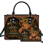 Illustrated Scottish cattle calf resting in basket with floral horn crown beside rustic timber cross and butterflies