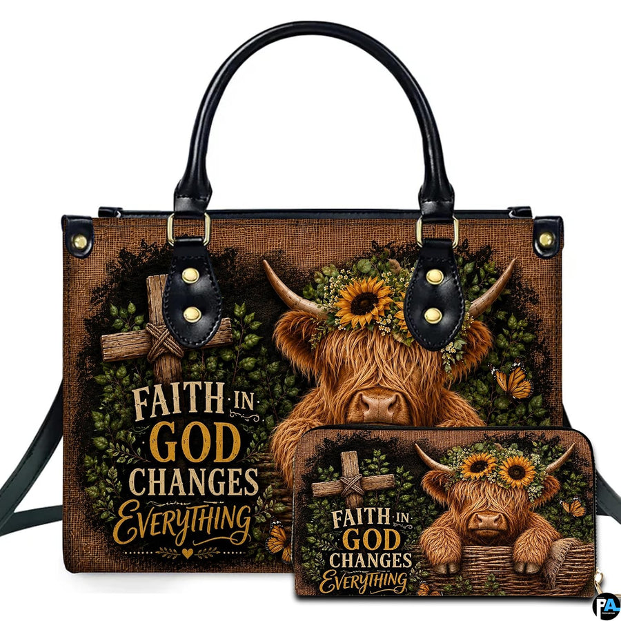 Illustrated Scottish cattle calf resting in basket with floral horn crown beside rustic timber cross and butterflies