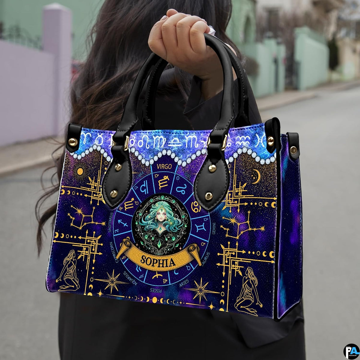 Outdoor street showcase of Celestial Maiden Satchel Handbag carried on city walkway.