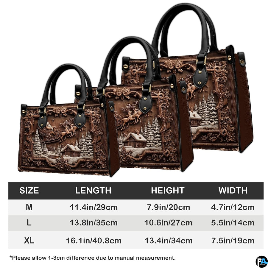 Product size comparison chart displaying medium, large, and extra-large handbag dimension measurements