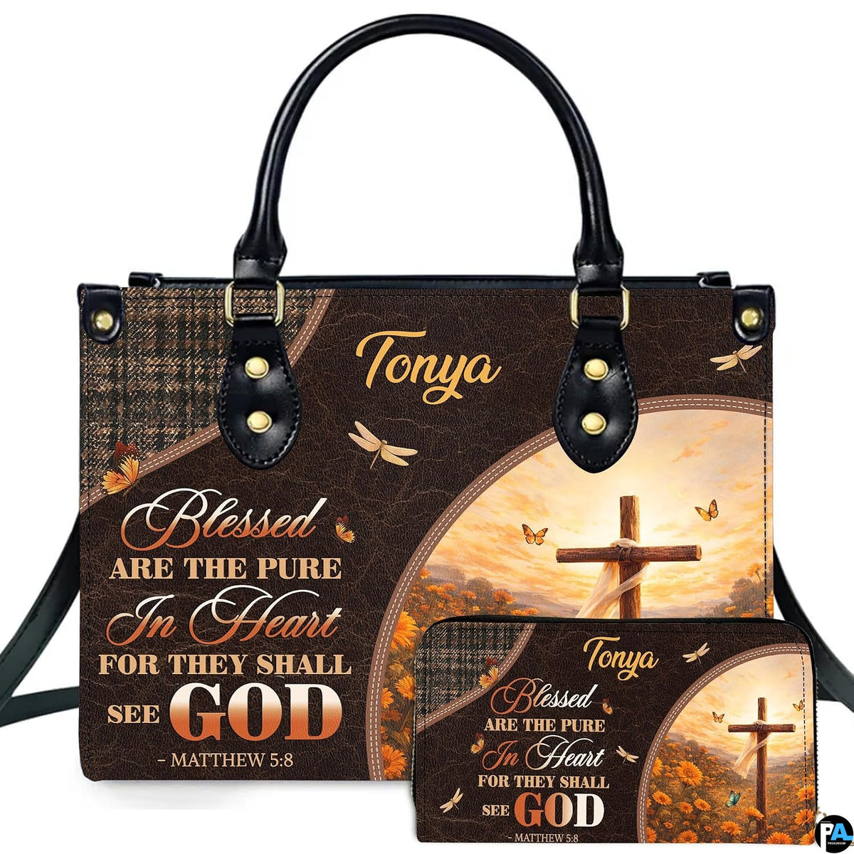 Front view of rustic wooden cross handbag and matching wallet with sunrise flower field and houndstooth trim.