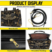 Product detail view highlighting buckle hardware, removable shoulder strap, zipper, and interior cavity