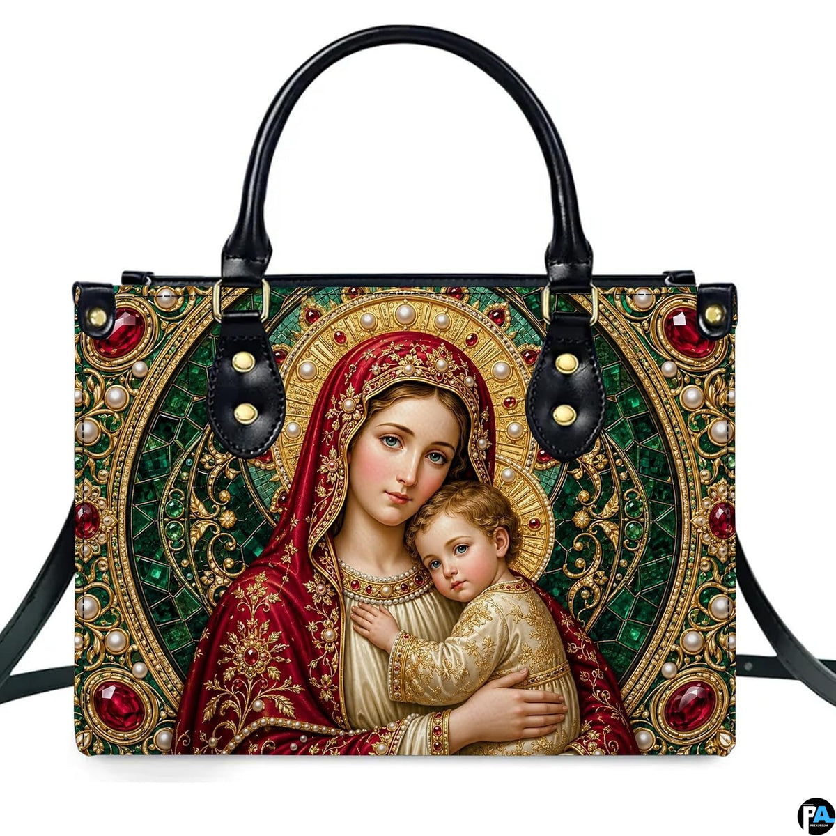 Top view of Byzantine Madonna handbag displaying top zipper opening and carry handles
