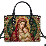 Top view of Byzantine Madonna handbag displaying top zipper opening and carry handles