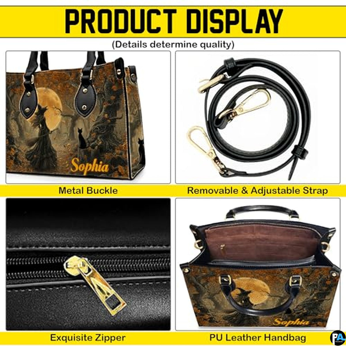Personalized Halloween Leather Handbag – Custom Witch 3D Printing Effect Purses For Women – Spooky Gothic Shoulder Bag