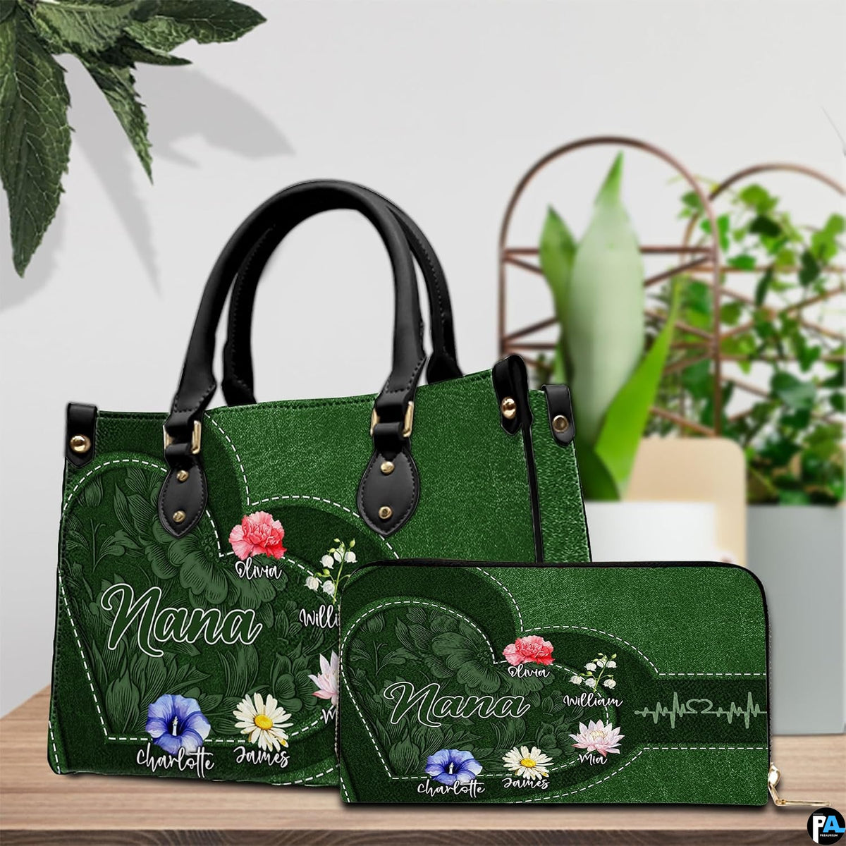 Matching zip wallet featuring coordinated emerald heart frame, garden blossoms, and pulse graphic.