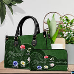 Matching zip wallet featuring coordinated emerald heart frame, garden blossoms, and pulse graphic.
