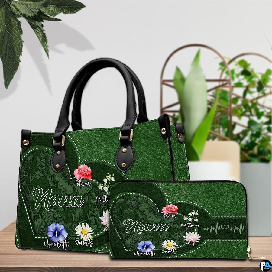 Matching zip wallet featuring coordinated emerald heart frame, garden blossoms, and pulse graphic.
