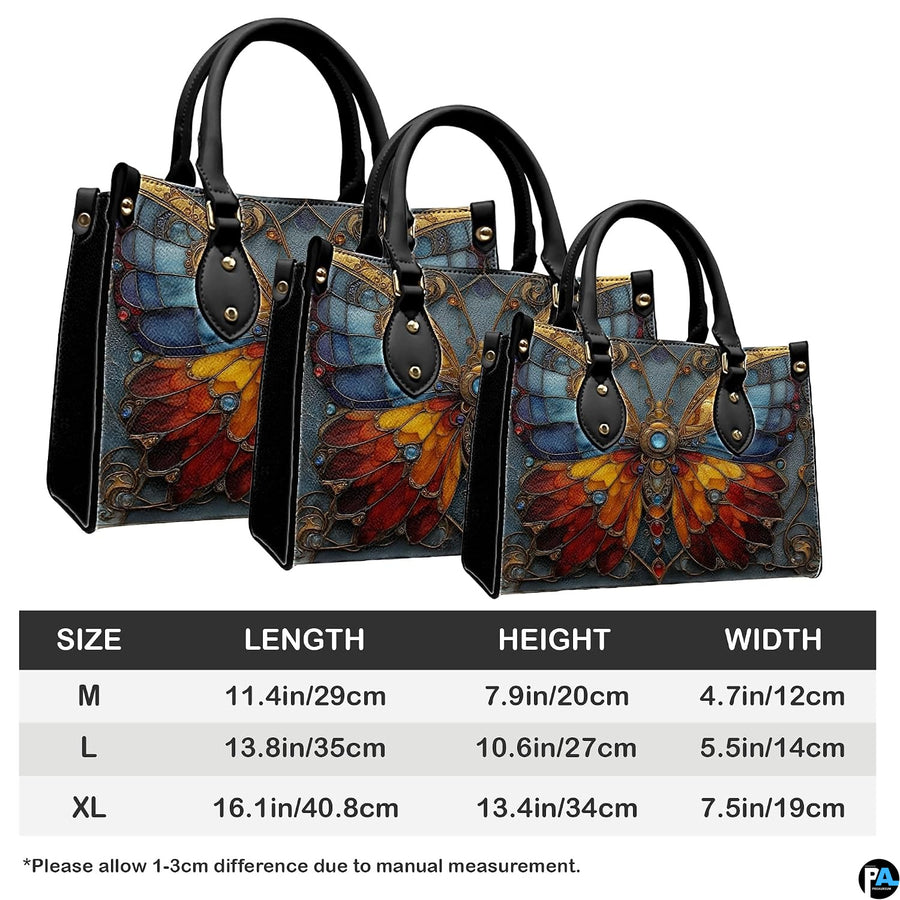 Base foundation view of stained glass butterfly handbag showcasing flat bottom stability