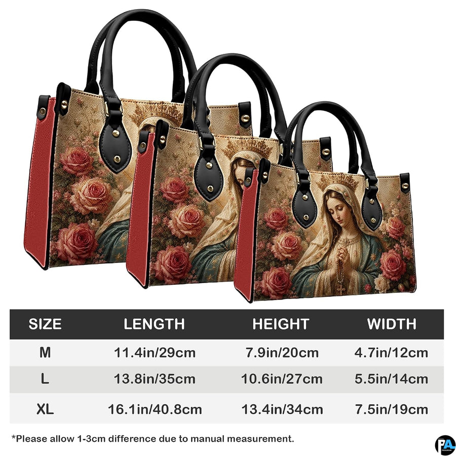 Detailed view of matching wallet featuring crowned Virgin Mary praying the rosary
