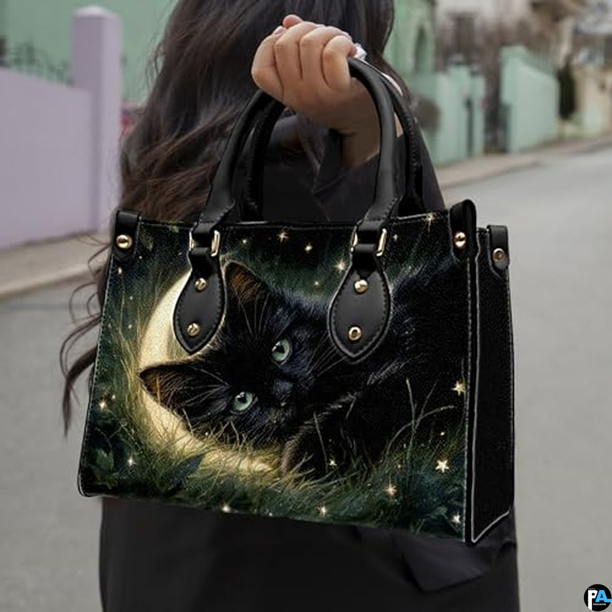 Black Cat Leather Bag – Vintage Cat Art Handbag, Stylish Animal-Themed Purse, Unique Gift for Cat Lovers