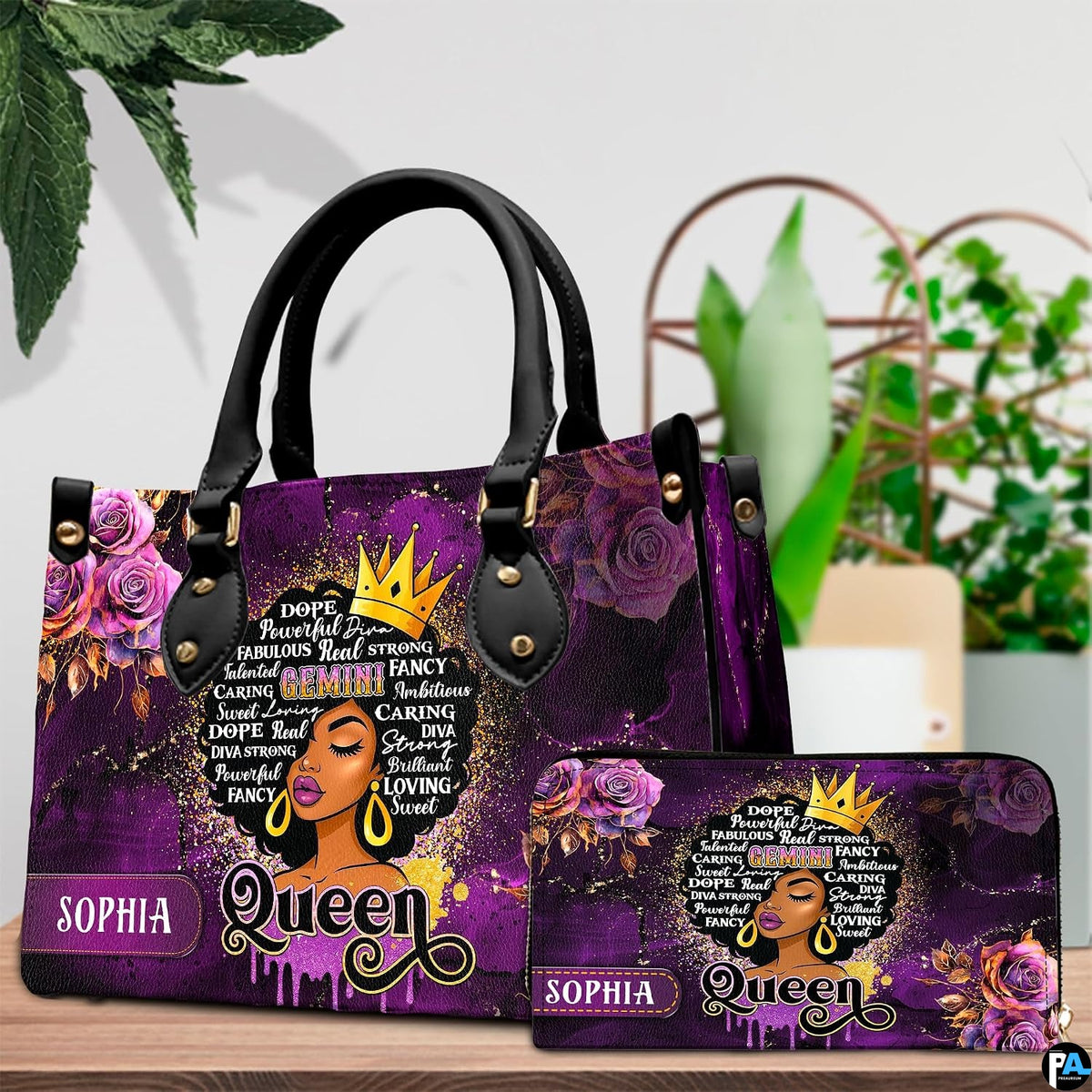 Coordinating twin star afro queen tote handbag and zippered wallet duo
