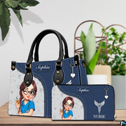 Chibi winking nurse handbag and matching wallet set placed on tabletop beside greenery.