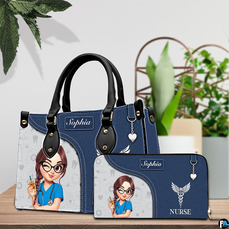 Chibi winking nurse handbag and matching wallet set placed on tabletop beside greenery.