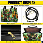 Multi-panel infographic highlighting exterior details, strap attachment, and interior configuration