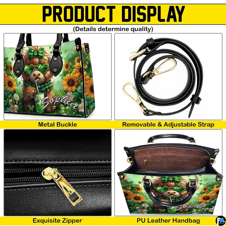Multi-panel infographic highlighting exterior details, strap attachment, and interior configuration