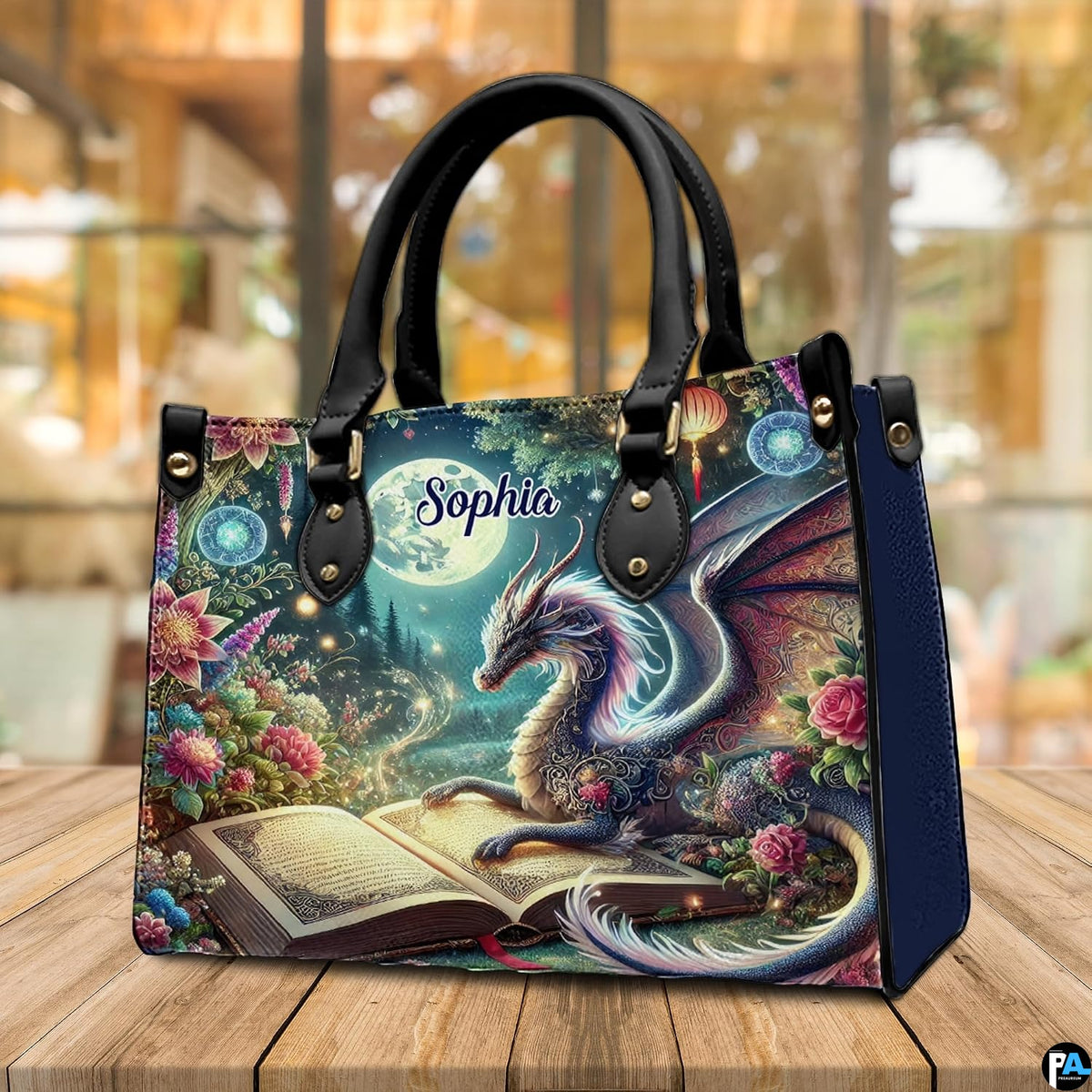 Perspective view of celestial dragon handbag resting on rustic wood surface.