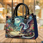 Perspective view of celestial dragon handbag resting on rustic wood surface.